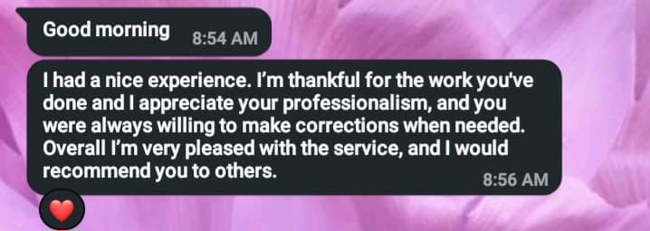 Client message praising Jane's professionalism and willingness to make corrections, and recommending the service to others.